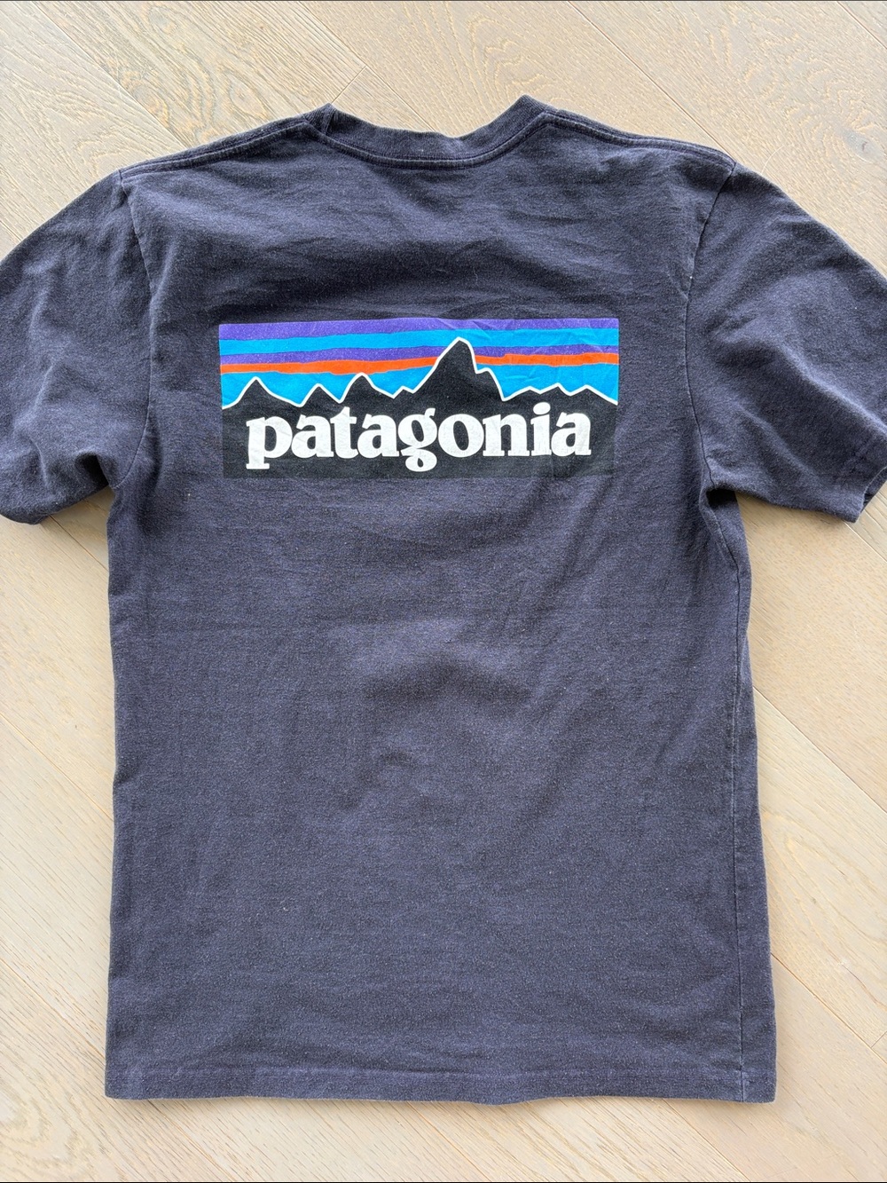 Patagonia S - Navy Responsibili-Tee with Patagonia Mountain Stripe Logo on back